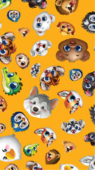 Obraz premium Seamless Pattern of Cute Cartoon Animal Faces on Yellow Background