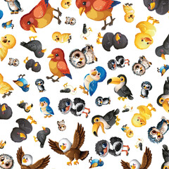 Obraz premium Seamless Pattern of Cute Cartoon Birds on a White Background