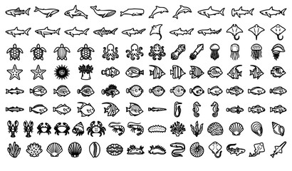Ocean Wildlife Outline Icons Collection with Marine Animals and Sea Creature Symbols © MstMomena