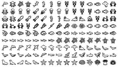 Marine Creature Outline Icon Collection with Shark Dolphin Octopus and Ocean Wildlife © MstMomena