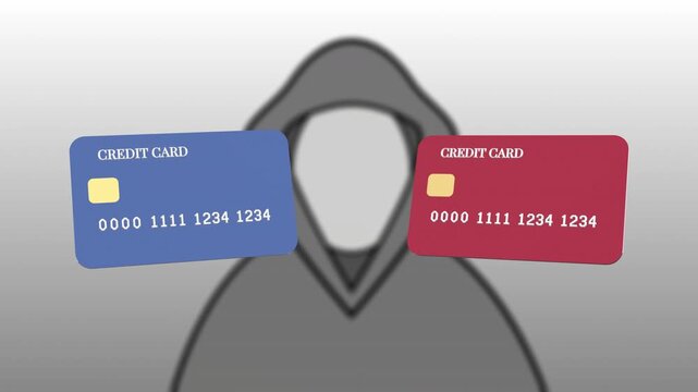 Credit card fraud and cloning as a hacker copies a stolen card number onto a fake duplicate card, scam alert