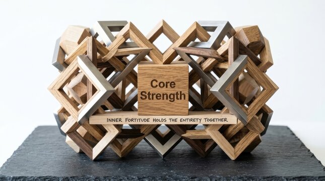 Wooden geometric puzzle construction with strength quote