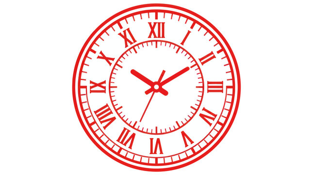 Vintage Red Roman Numeral Clock Face with Hands on White Background