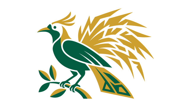 Stylized bird of paradise logo icon in green and gold vector illustration perched on a branch.