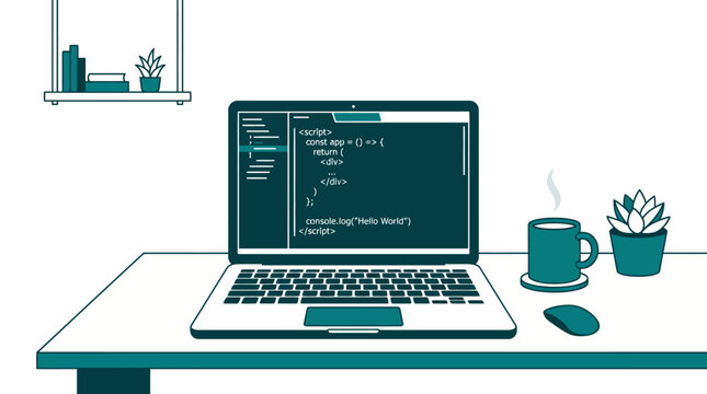 Flat vector illustration of desk with laptop showing code, coffee, and plants