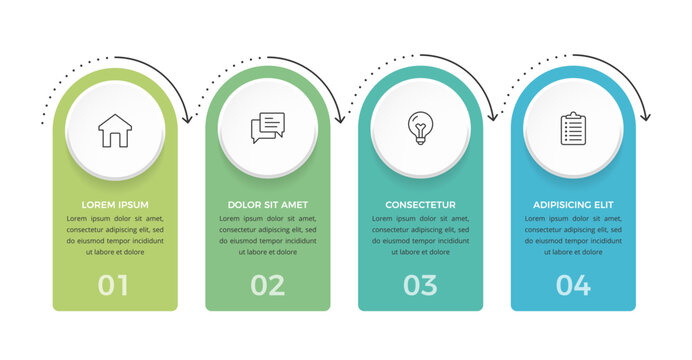 Horizontal infographic template with four vertical rectangular cards with rounded tops arranged in a linear sequence connected by arrows to visualize a process flow or timeline
