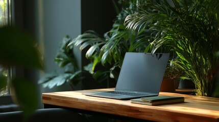 Fototapeta premium Modern workspace with laptop on wooden desk surrounded by lush green plants in a bright, inviting indoor setting, emphasizing productivity and tranquility