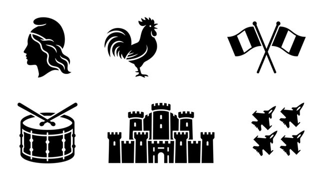 Black silhouette of french symbols icons. Bastille Day vector icon set