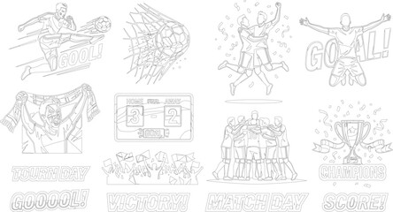 Obraz premium Action-Packed Soccer and Football Match Vector Illustration Collection with Striker Players, Goalkeepers Defending Nets, Golden Championship Trophies, and Strategic Field Plan Diagrams