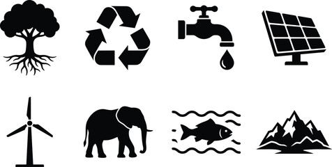 Fototapeta premium Ecology and Renewable Energy Black Icon Set Featuring Wildlife Nature and Conservation Concepts