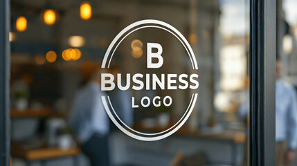 Plakat Business logo on glass window with blurred office interior and storefront door mockup for company branding