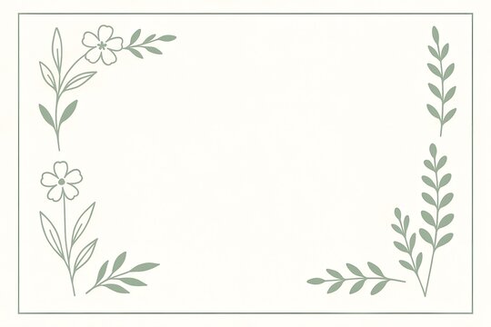 Minimalist floral border with sage green botanical line art, elegant flower frame on white background, simple nature stationery template