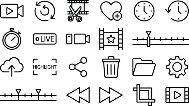 Vector line icon set of multimedia video editing cloud publishing social sharing live broadcasting timeline rendering and digital content production widgets