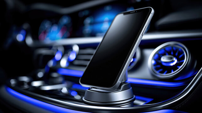 Car dashboard phone holder blank screen blue light dark interior modern vehicle smartphone empty display center console navigation dock charging