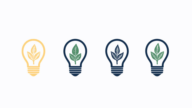 Four light bulbs with leaves, representing eco-friendly ideas. Various color combinations