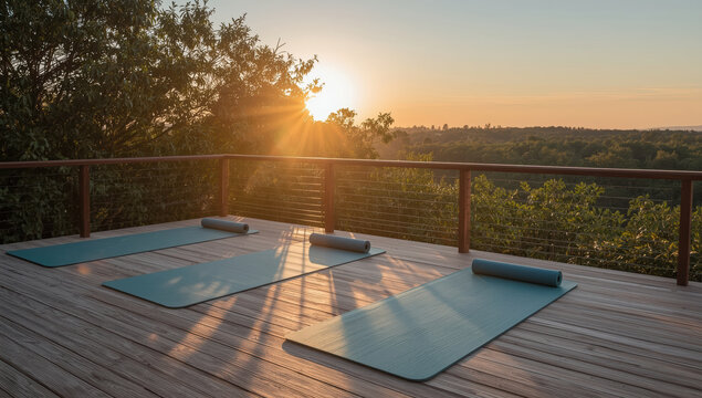 Sunrise yoga mat on wooden spa deck with calming warm light