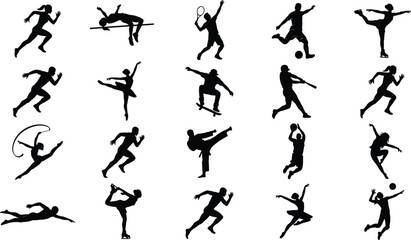 Dynamic Summer Sports, Professional Athletics, and Track and Field Activity Silhouette Set Featuring Running, High Jump, Tennis, Soccer, Figure Skating, Skateboarding, Baseball, and Gymnastics © MDMASUD