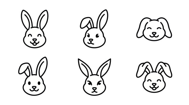 Minimalist bunny face line art set with various ear positions