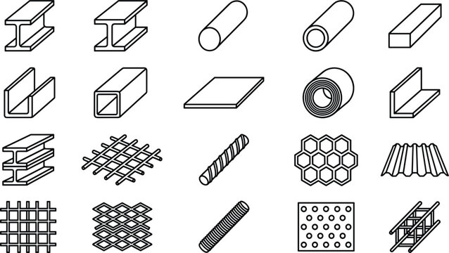 Industrial Metal Profile and Construction Steel Line Icon Collection with I-Beams, Pipes, Rebar Rods, Wire Mesh, Honeycomb Grates, and Corrugated Roofing Sheets