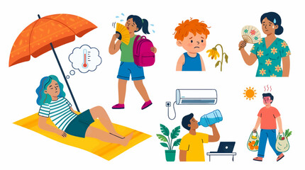 Obraz premium Flat Illustration of People Suffering from Summer Heatwave, Showing Sunburn, Dehydration, and Seeking Relief with Fans and Air Conditioning