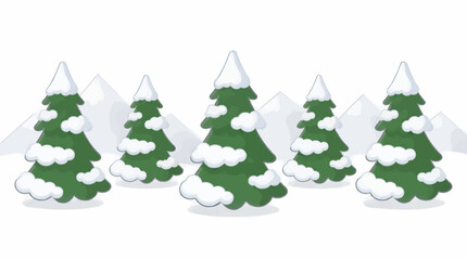 Fototapeta premium Flat Vector Illustration of Snowy Pine Trees in a Winter Mountain Landscape, Clean Graphic Style with Rolling Snow Drifts and Soft Background Peaks