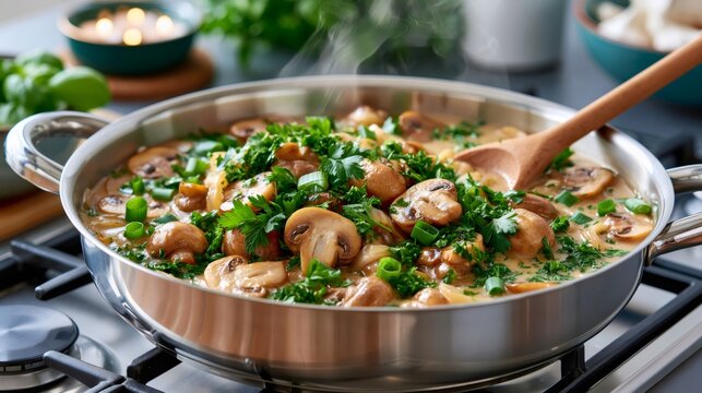 Creamy mushroom stroganoff cooking in a pan