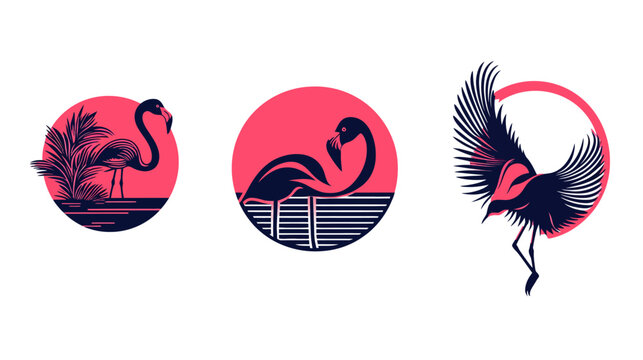 Stylized illustrations of pink flamingos in circles, with a beach and palm leaf elements