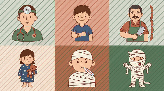 Flat Vector Illustrations: Doctor, Boy, Butcher, Girl with Teddy, Sick Person, Mummy Characters on Diagonal Stripe Backgrounds, Diverse Professions and States