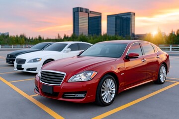 Fototapeta premium Luxury sedans parked on rooftop at sunset