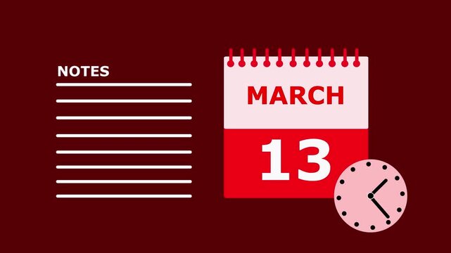 Calendar page showing March 13th date on desk calendar with notes section on dark background.