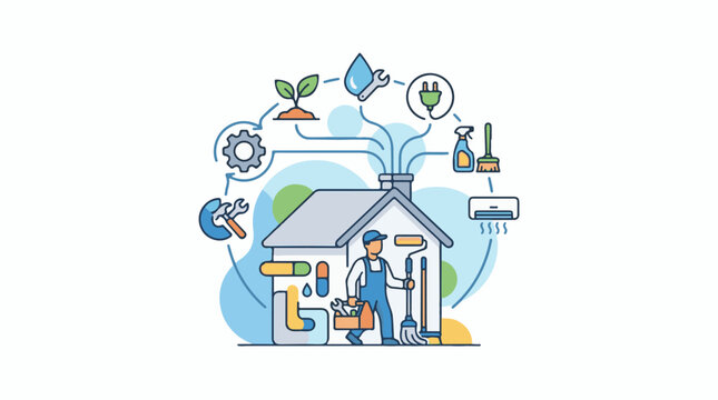 A house with a worker and tools surrounded by eco-friendly icons
