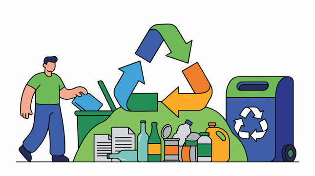 A man depositing a blue item into a recycling bin amidst various recyclables