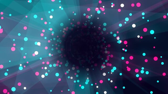 Abstract party background animation featuring neon pink and cyan particles flying through a spinning geometric tunnel with bright light rays, creating a vibrant colorful celebration loop