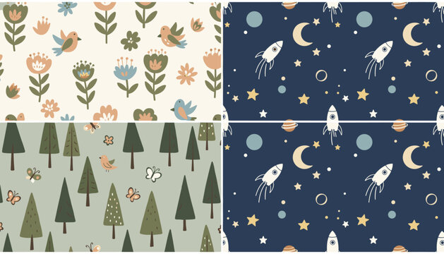 Four quadrant collage showcasing a variety of cute seamless patterns including natural flowers, pine forests, and outer space.