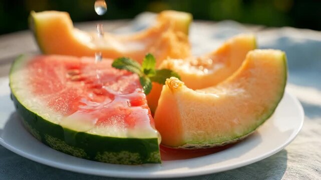 Fresh watermelon cantaloupe fruit slice juicy sweet refreshing summer outdoor healthy dessert closeup with vibrant color, organic plate, sunlight picnic, green background, and delicious healthy fruit