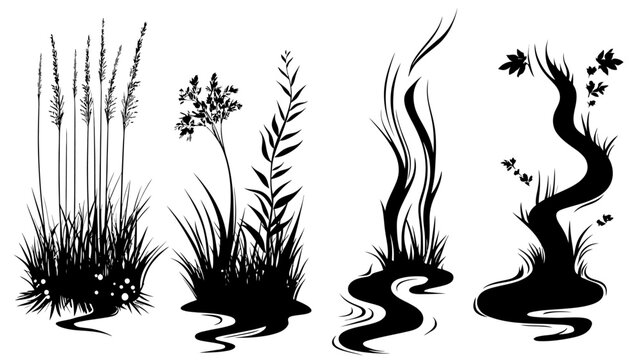 Artistic black and white silhouettes of plants and grasses with wavy bases
