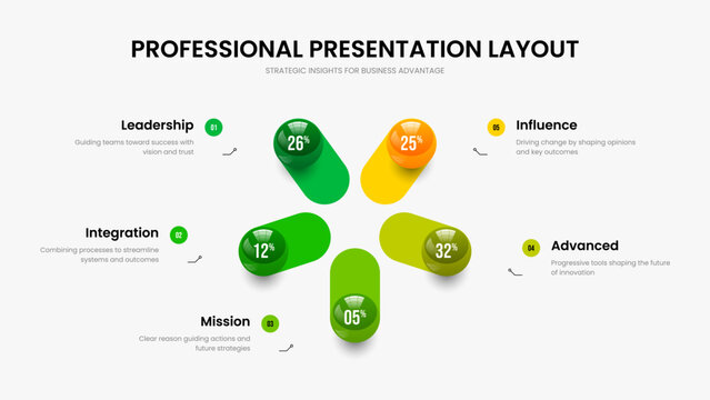 Elegant Portfolio Five Option Infographic Presentation Template. Service Performance 5 Step Diagram Slide Design. Simple Introduction Frame Layout Vector Illustration.