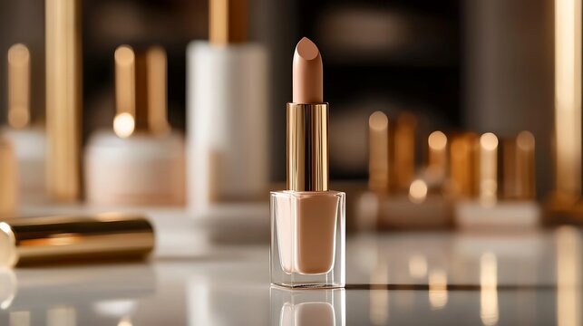 Elegant golden lipstick and beauty products displayed on a reflective surface with soft bokeh
