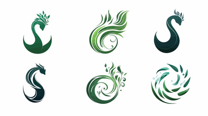 Fototapeta premium Six abstract designs in shades of green, featuring organic shapes and leaf motifs, on a white background