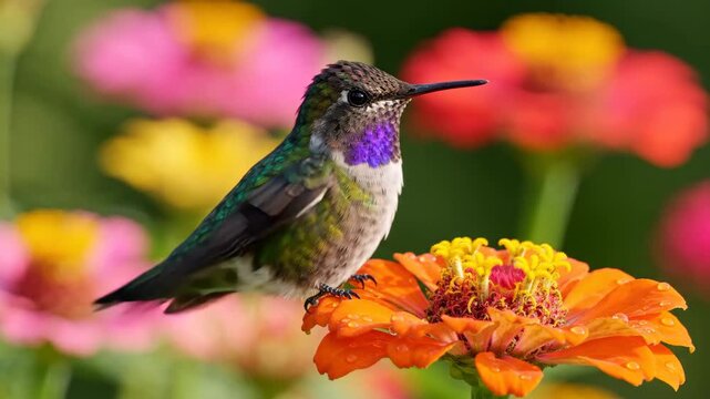 Colorful hummingbird with iridescent green and purple feathers feeding on vibrant orange flower in summer garden, nature wildlife bird nectar scene, peaceful blurred floral background, garden wildlife