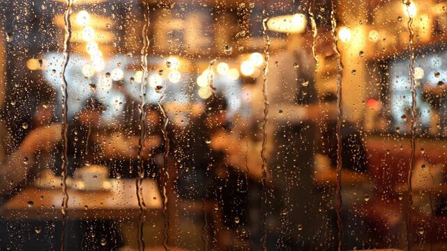 Rain drops on window blur cafe interior with warm light, cozy atmosphere, people relaxing and socializing, evening urban lifestyle, inviting comfort, autumn mood, peaceful reflection