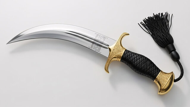 Decorative dagger with curved silver blade gold accents black handle tassel and ornate design suitable for fantasy themed collections or historical displays