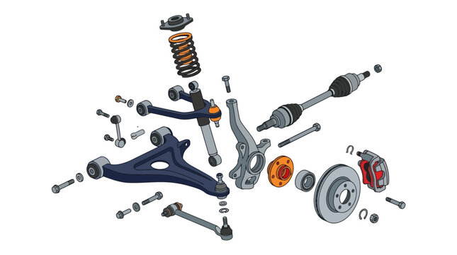 Exploded view diagram of a car front suspension and brake assembly. EPS Editable. Vector Illustrations.