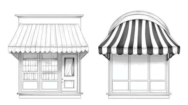 Black and white illustration of two stylized shop front designs with awnings