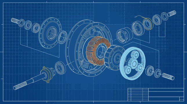 Exploded mechanical gear assembly blueprint schematic drawing. EPS Editable. Vector Illustrations.