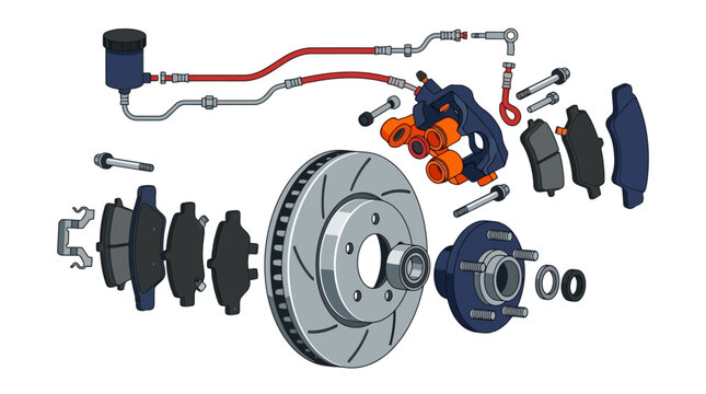 Exploded view diagram of a car disc brake system assembly showing all mechanical components. EPS Editable. Vector Illustrations.