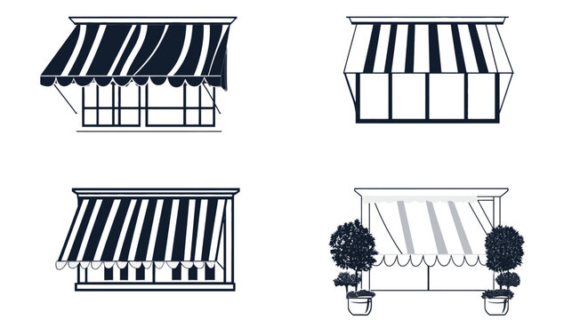 Four stylized illustrations of striped awnings with various window and plant arrangements