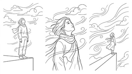 Obraz premium Minimal Freedom Silhouette Vector Set – Lone Figure on Platform Looking Upward with Wind Motion and Abstract Sky Elements