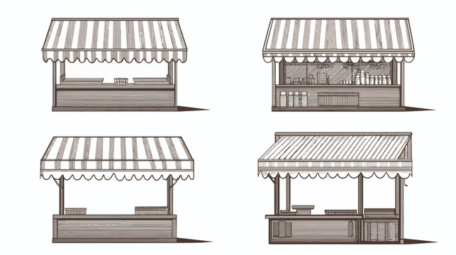 Hand-drawn illustrations of four vendor stalls with striped awnings in shades of gray