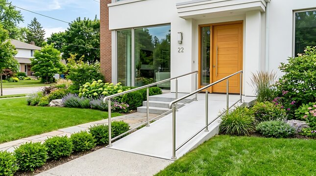 Modern residential house entrance with concrete wheelchair ramp and wooden door